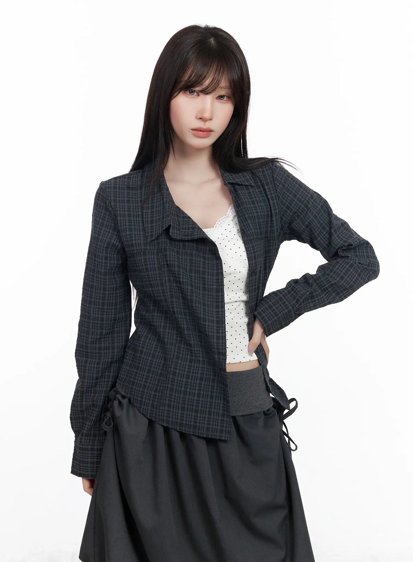 Asymmetric Plaid Long Sleeve Shirt CF523