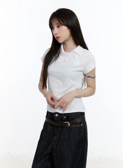 Asymmetrical Collar Short Sleeve Top CA501