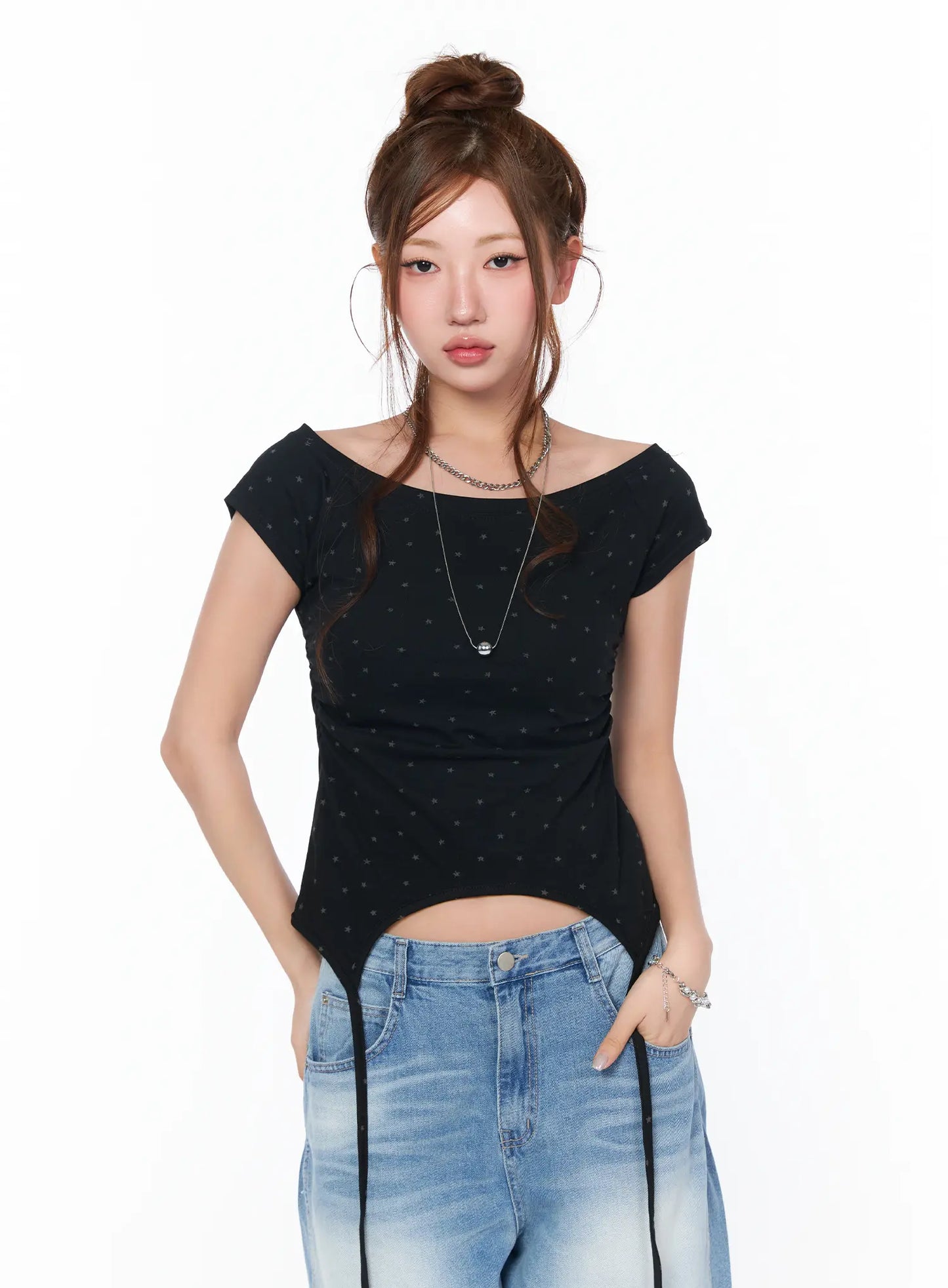 Boat Neck Star Print String Top CA514
