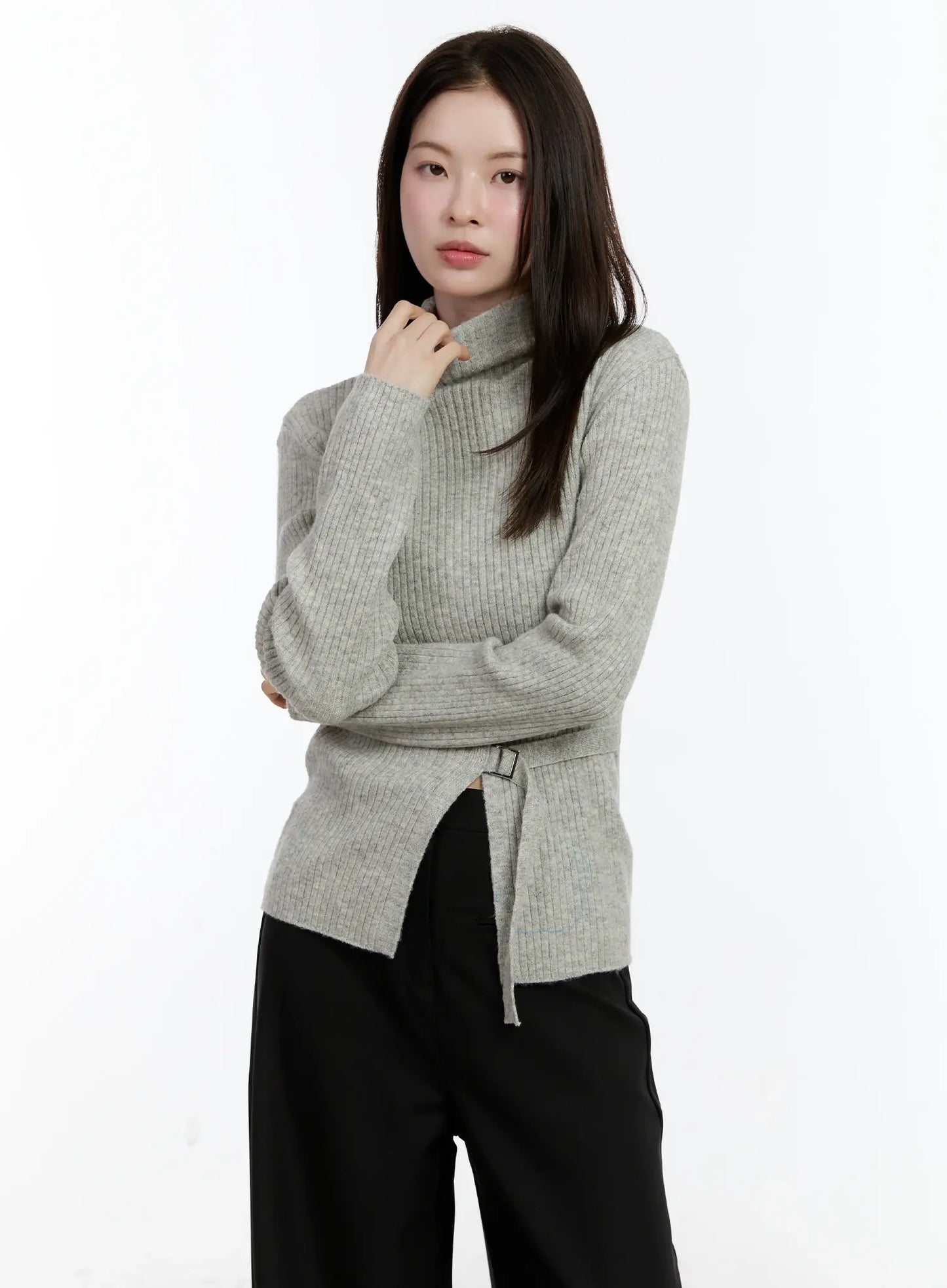 Buckle Ribbed Half Turtleneck Sweater