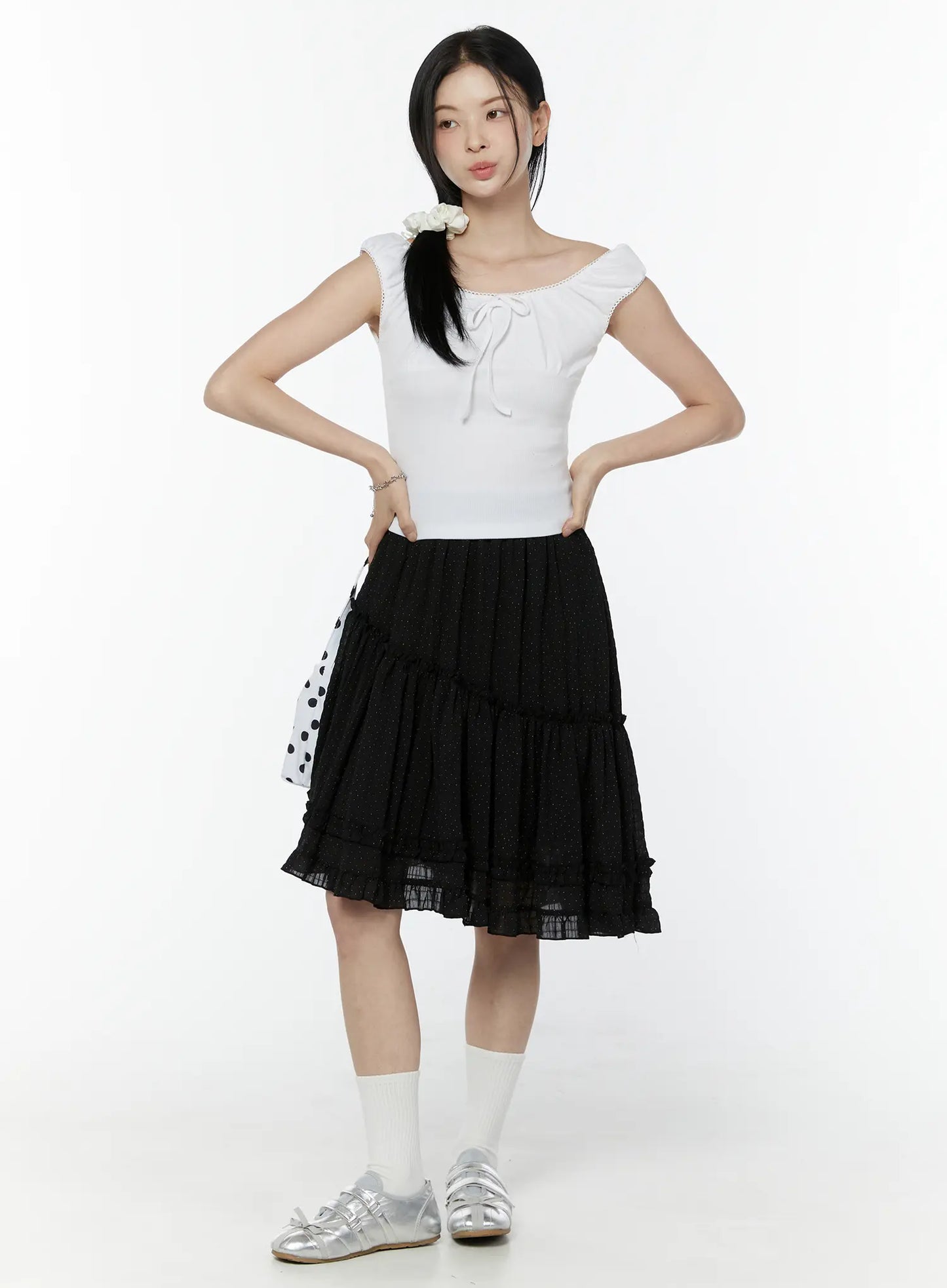 Asymmetric Ruffle Polka Dot Midi Skirt IU505