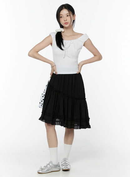 Asymmetric Ruffle Polka Dot Midi Skirt IU505