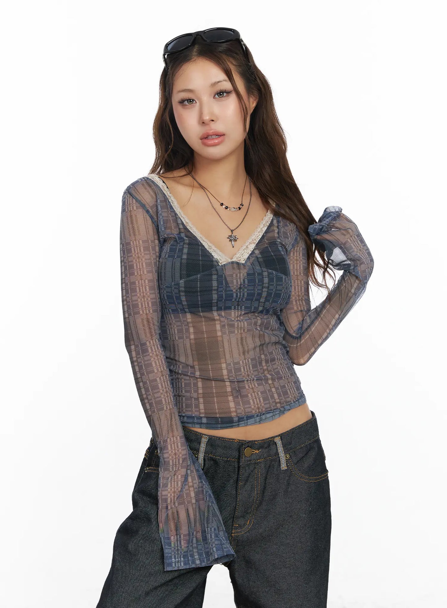Checkered V-Neck Long Sleeve Top CF512