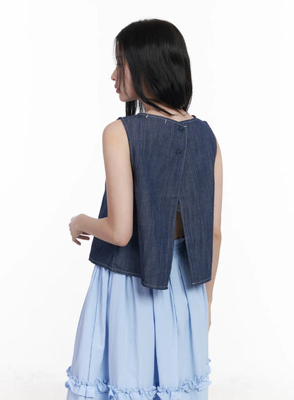 Back Button Sleeveless Top CA509