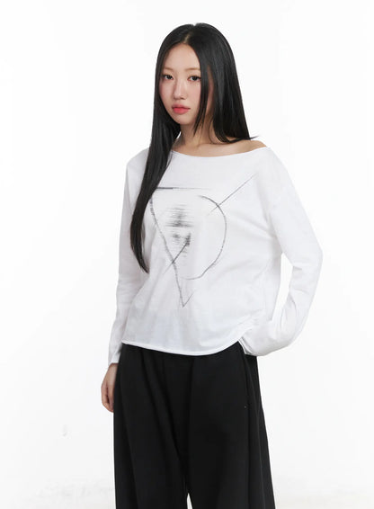 Casual Relaxed Neck Graphic Long Sleeve Tee CD530