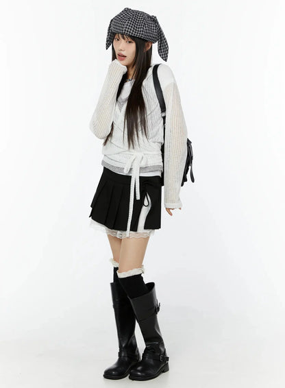 Chic Pleated Ribbon Lace Trim Mini Skirt IU518