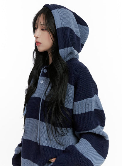 Buttoned Stripe Hoodie Sweater CN408
