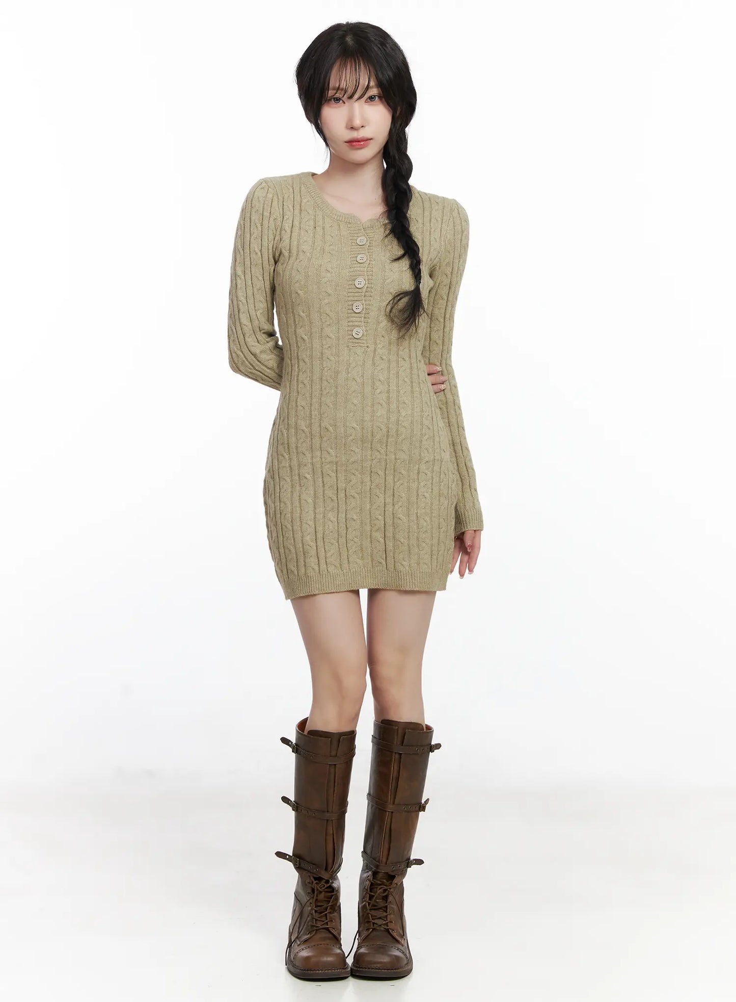 Cable Knit Button Sweater Mini Dress CJ526