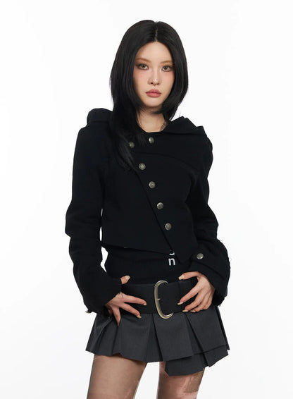 Asymmetric Button-Detail Hoodie CF527