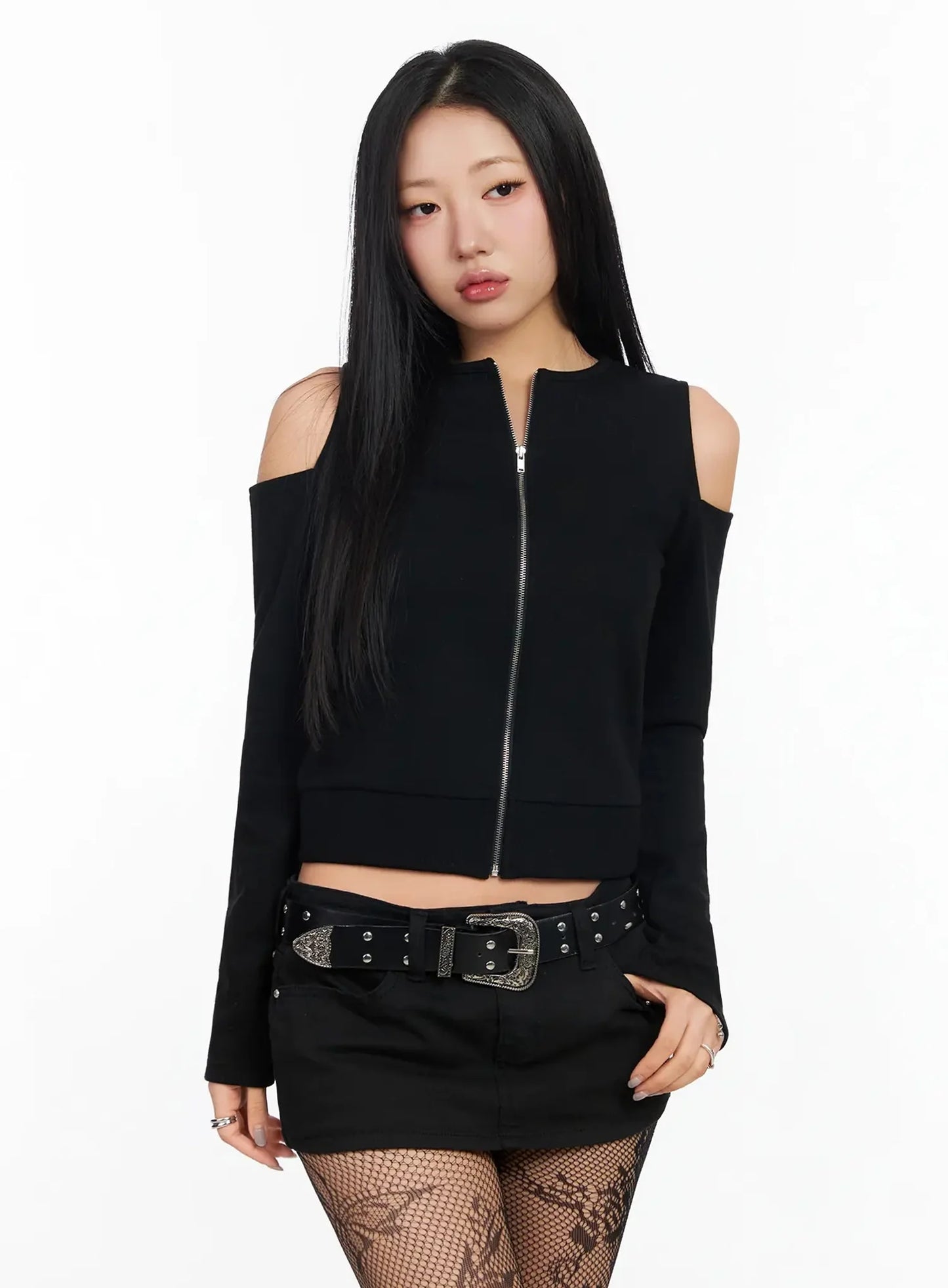Chic Shoulder Cut-Out Zip-Up Top IA507