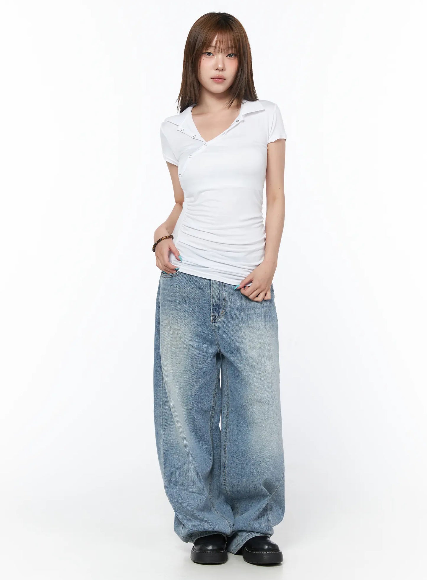 Asymmetrical Snap Collar Shirred Tee CY529