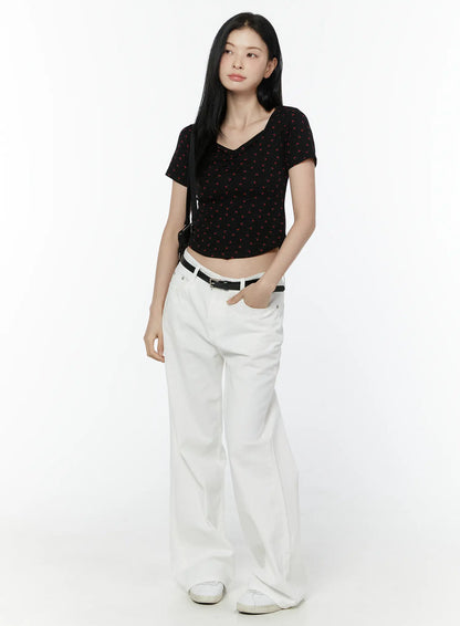 Cherry Print Sweetheart Neckline Tee IU505