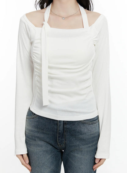 Chic Shirred Halter Long Sleeve Top F502