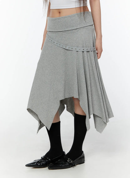 Asymmetric Hem Belted Midi Skirt CY518