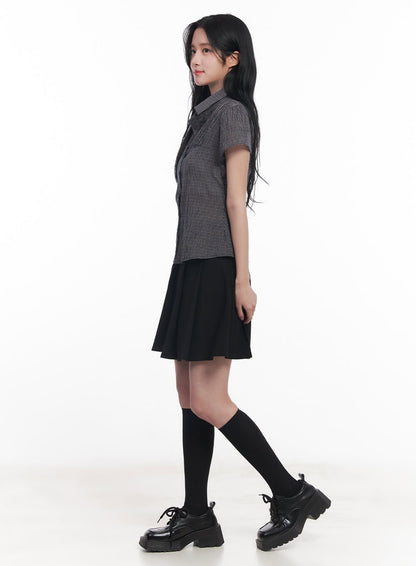 Checkered Puff Button Blouse Top CY526