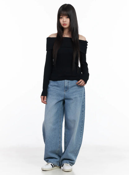 Basic Off-Shoulder Ribbed Long Sleeve Top CM512