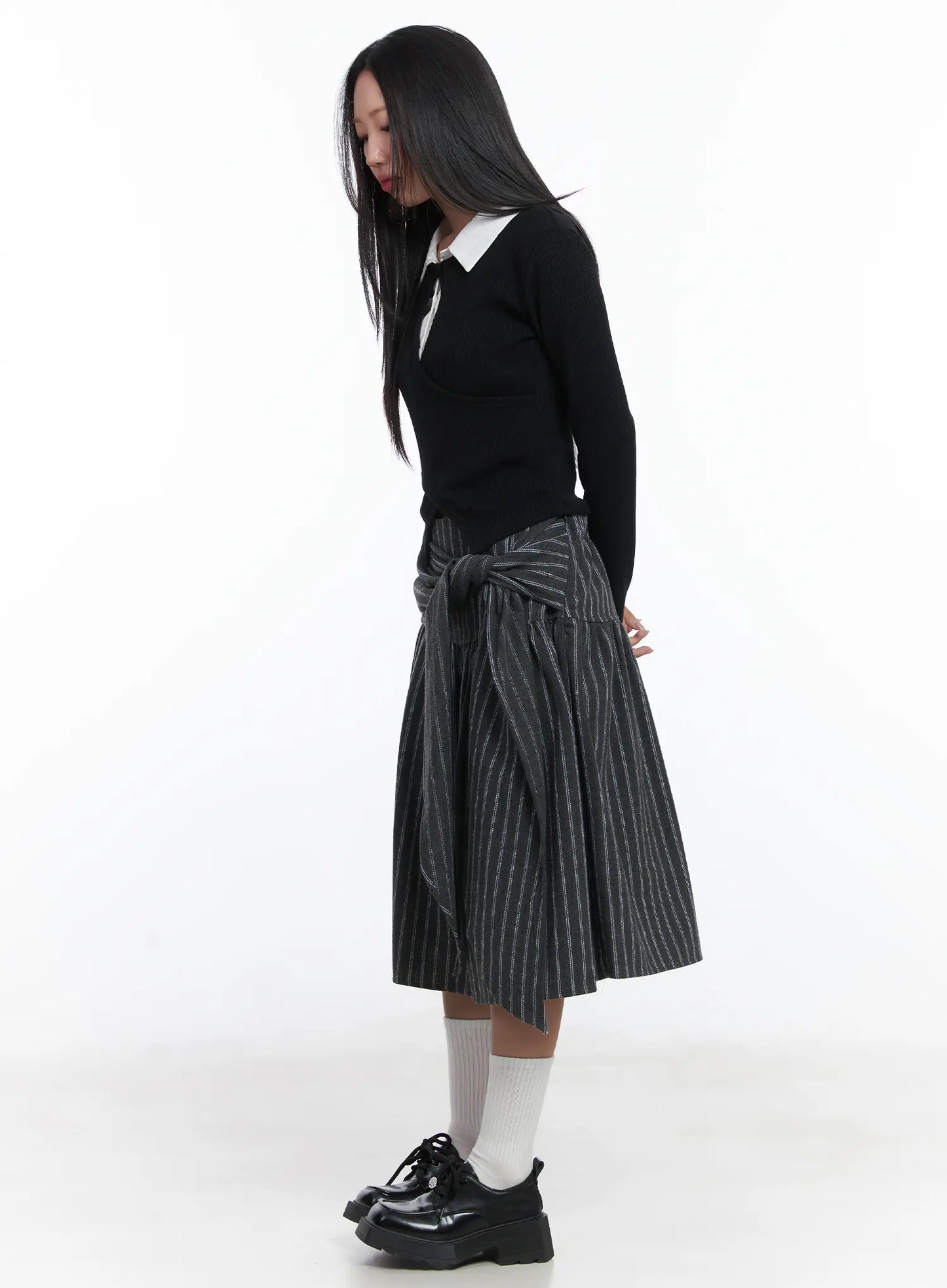 Button Wrap Collar Ribbed Long Sleeve Top CD529