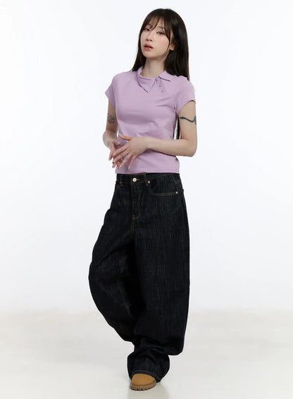 Asymmetrical Collar Short Sleeve Top CA501