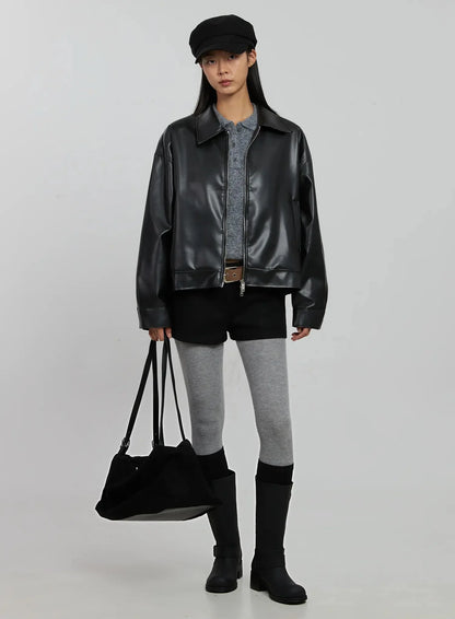 Basic Cropped Faux Leather Jacket IN507