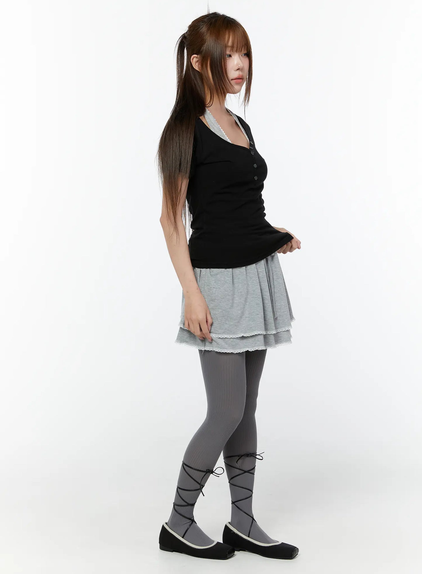 Basic Heart Neck Button Top CY519