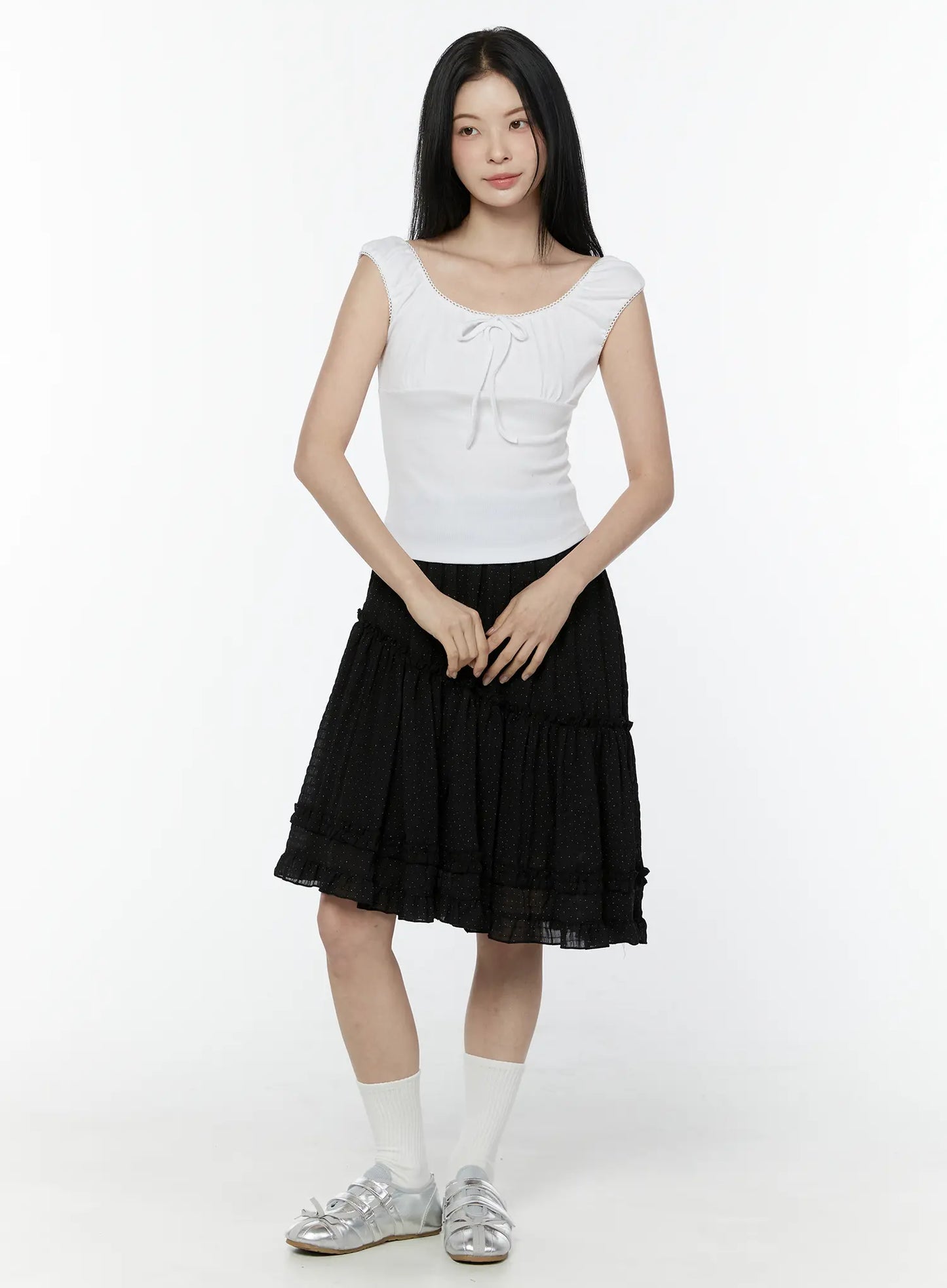 Asymmetric Ruffle Polka Dot Midi Skirt IU505