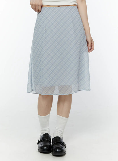 Chiffon Flare Plaid Midi Skirt IY507