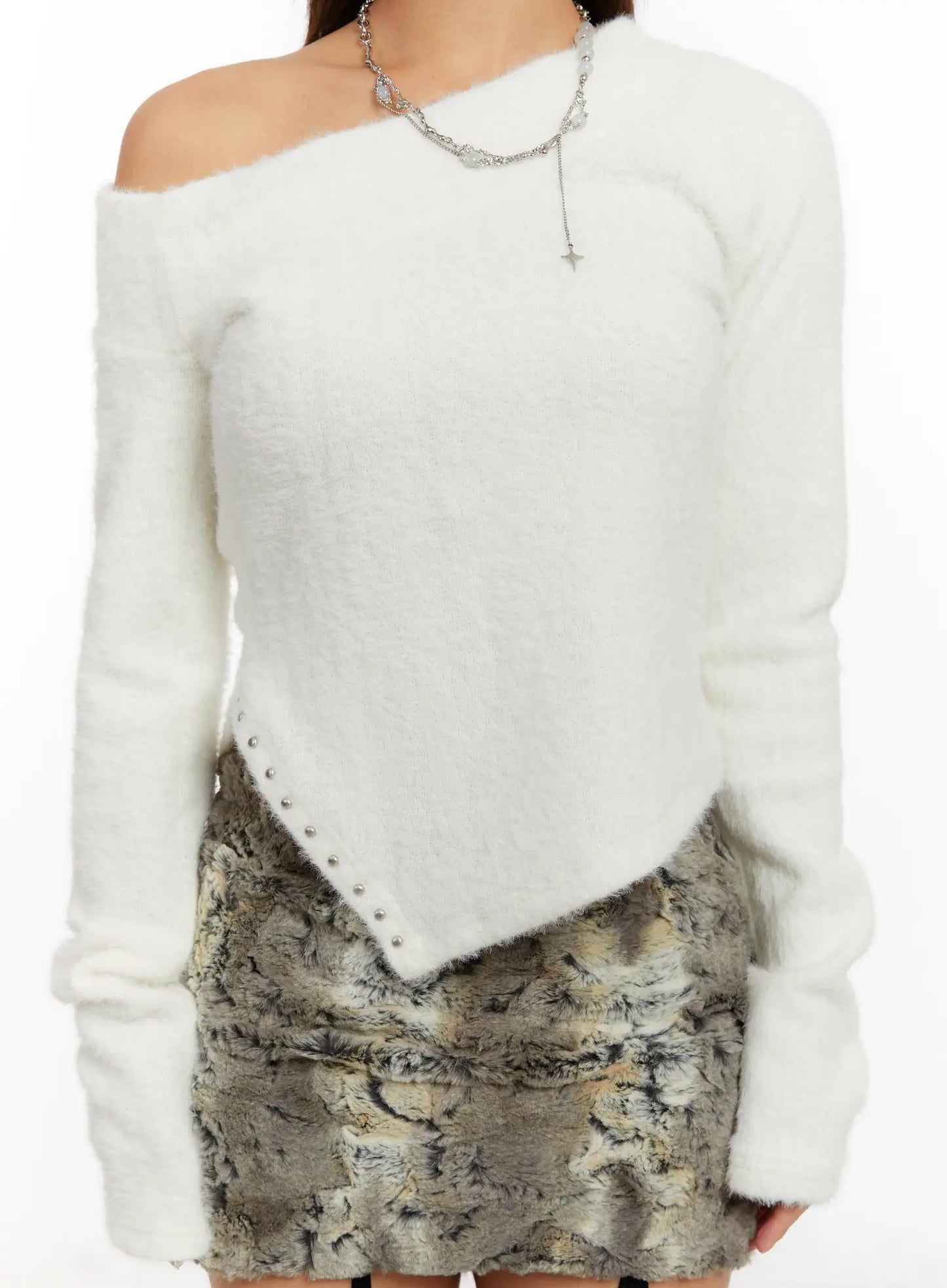 Asymmetric Fluffy Stud Sweater CD517