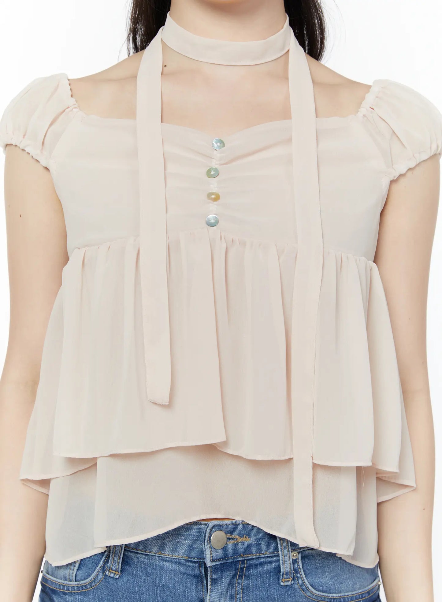 Chiffon Layered Blouse And Skinny Scarf Set IY511