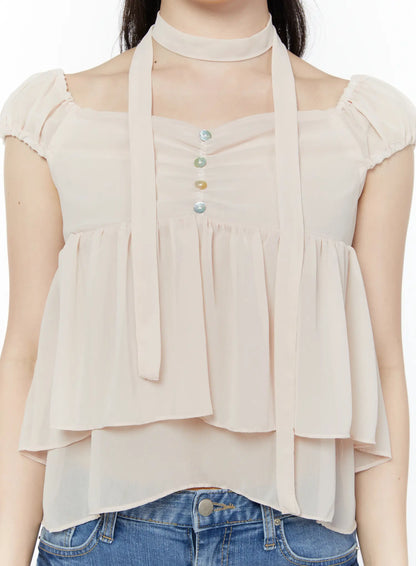 Chiffon Layered Blouse And Skinny Scarf Set IY511