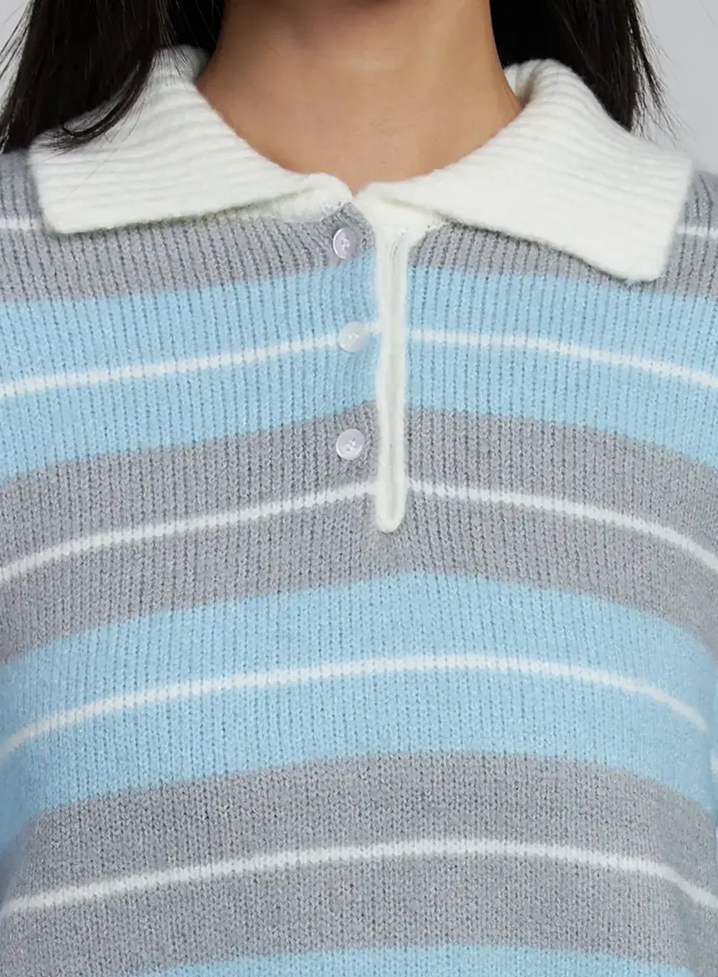 Buttoned Collar Striped Knit Sweater IM520