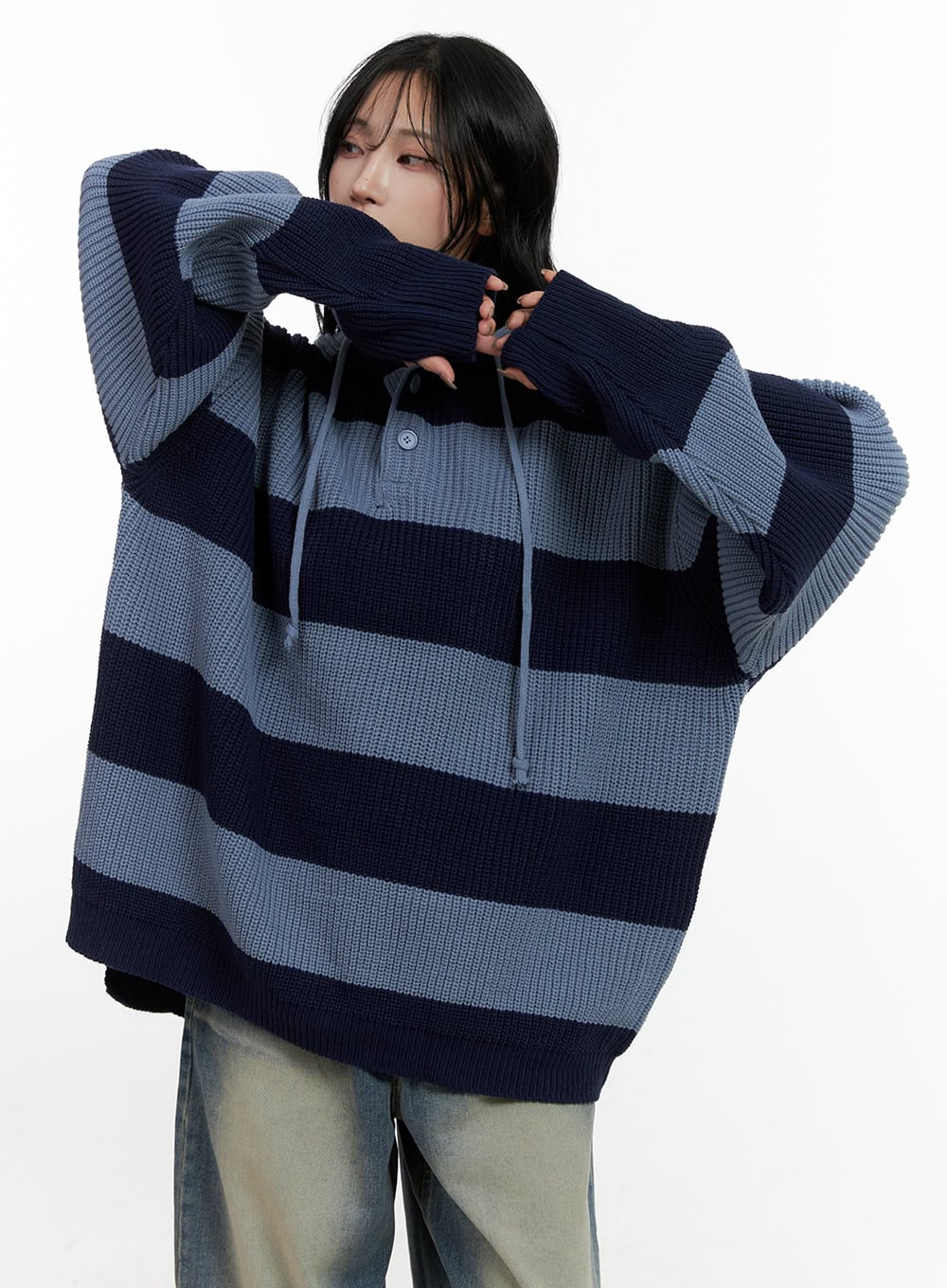 Buttoned Stripe Hoodie Sweater CN408