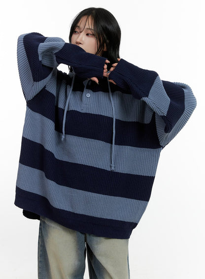 Buttoned Stripe Hoodie Sweater CN408