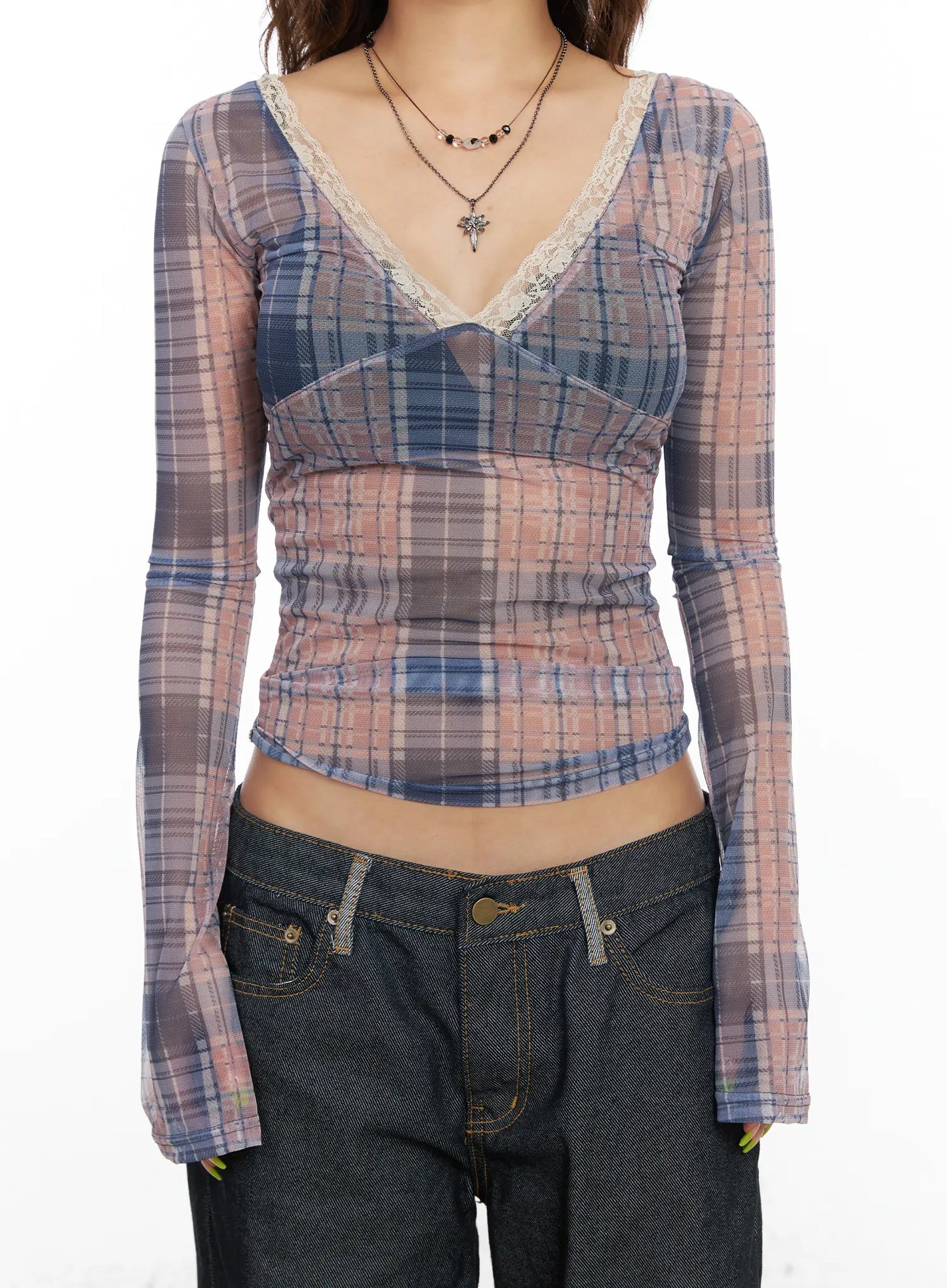 Checkered V-Neck Long Sleeve Top CF512