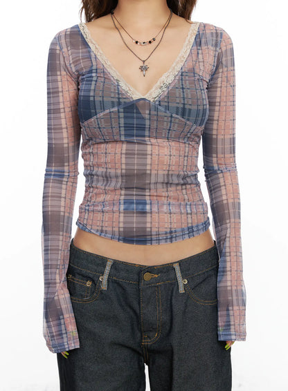 Checkered V-Neck Long Sleeve Top CF512