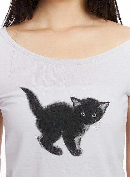 Cat Graphic Off-Shoulder Crop Top IA523