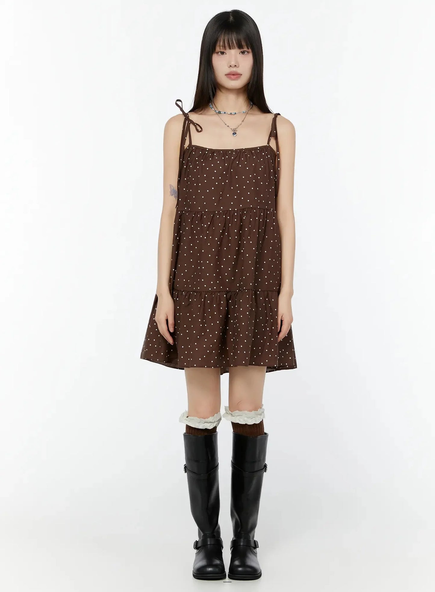 Brown Polka Dot Tiered Dress IU518