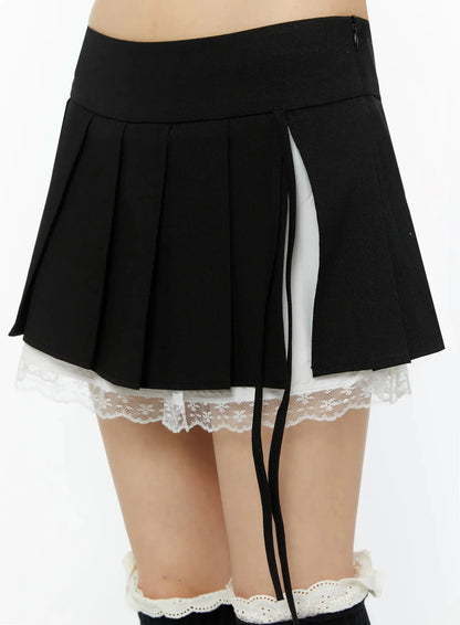 Chic Pleated Ribbon Lace Trim Mini Skirt IU518