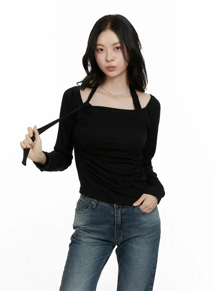 Chic Shirred Halter Long Sleeve Top F502