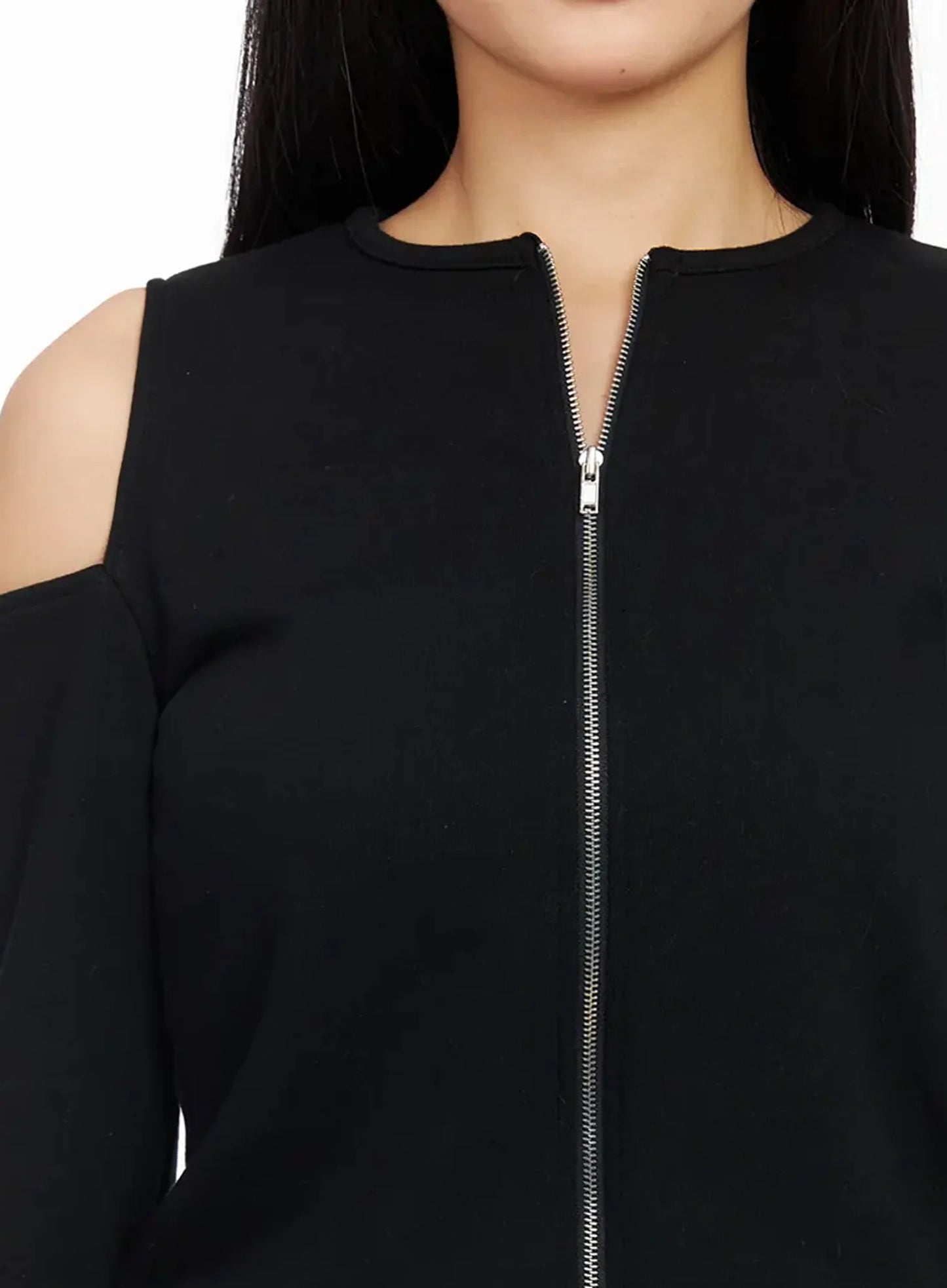 Chic Shoulder Cut-Out Zip-Up Top IA507