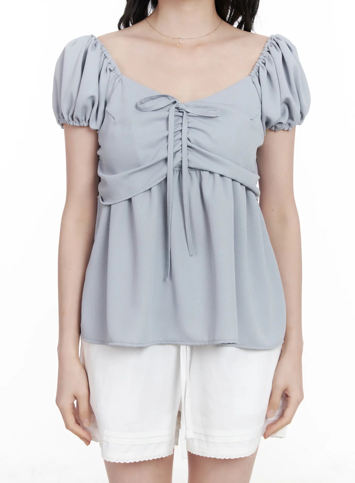 Chiffon Ruched Puff Sleeve Blouse CA510
