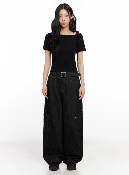 Asymmetric Shoulder-Tie T-Shirt IG508