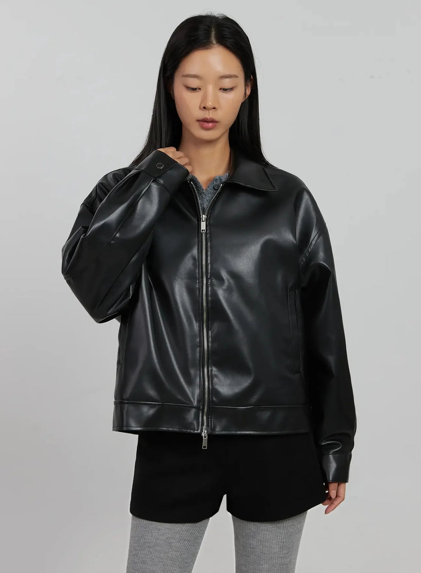Basic Cropped Faux Leather Jacket IN507