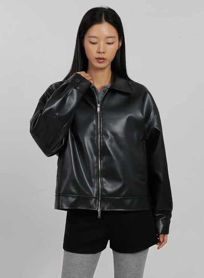 Basic Cropped Faux Leather Jacket IN507