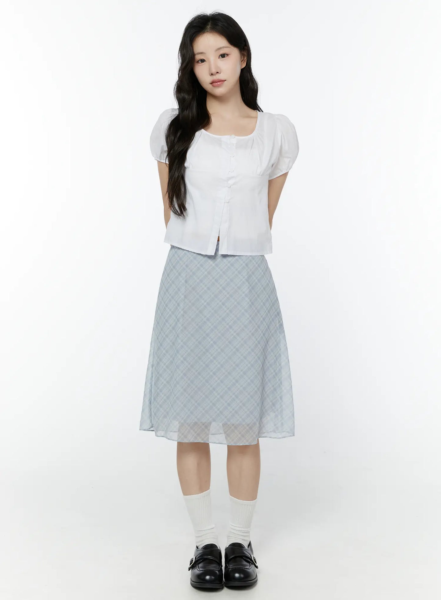 Chiffon Flare Plaid Midi Skirt IY507