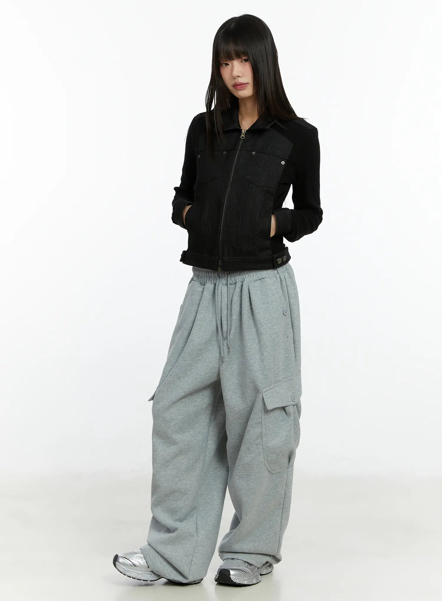 Button Wide Leg Cargo Sweatpants CF509