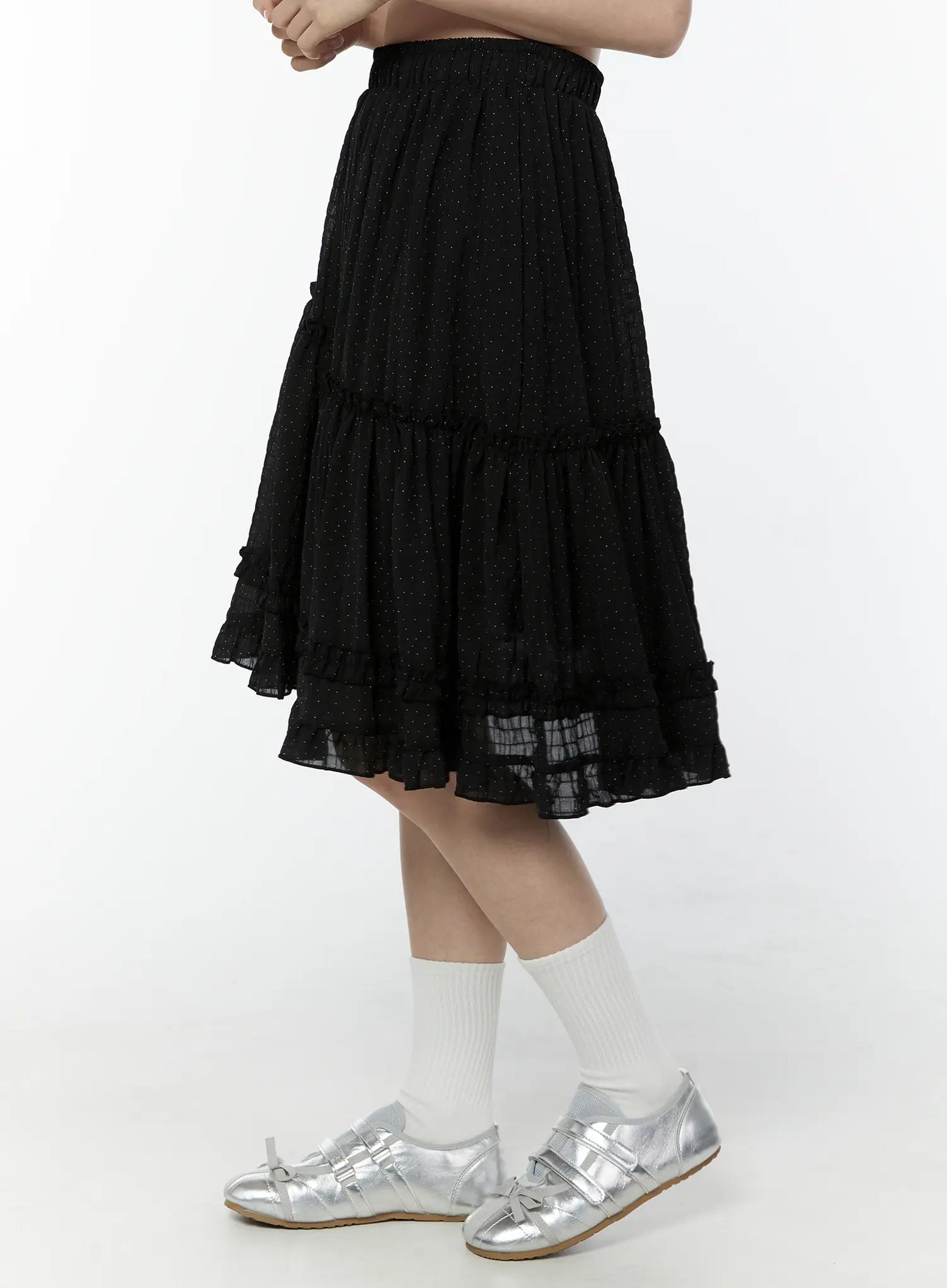 Asymmetric Ruffle Polka Dot Midi Skirt IU505