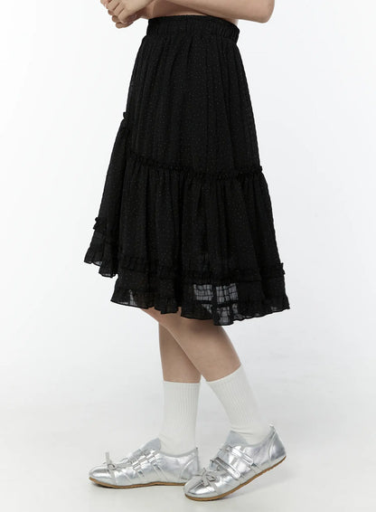 Asymmetric Ruffle Polka Dot Midi Skirt IU505