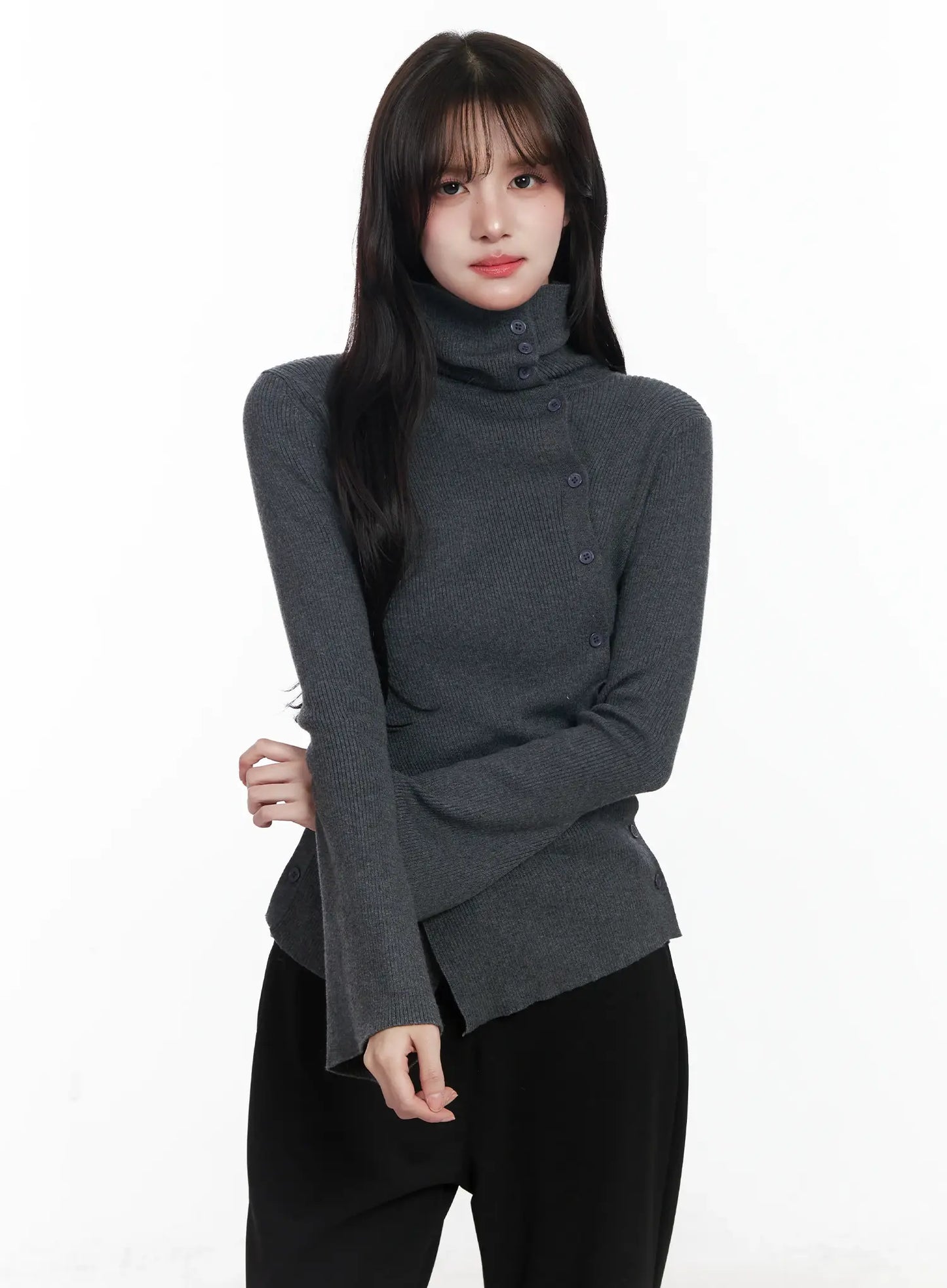 Asymmetric Buttoned Knit Top IJ529