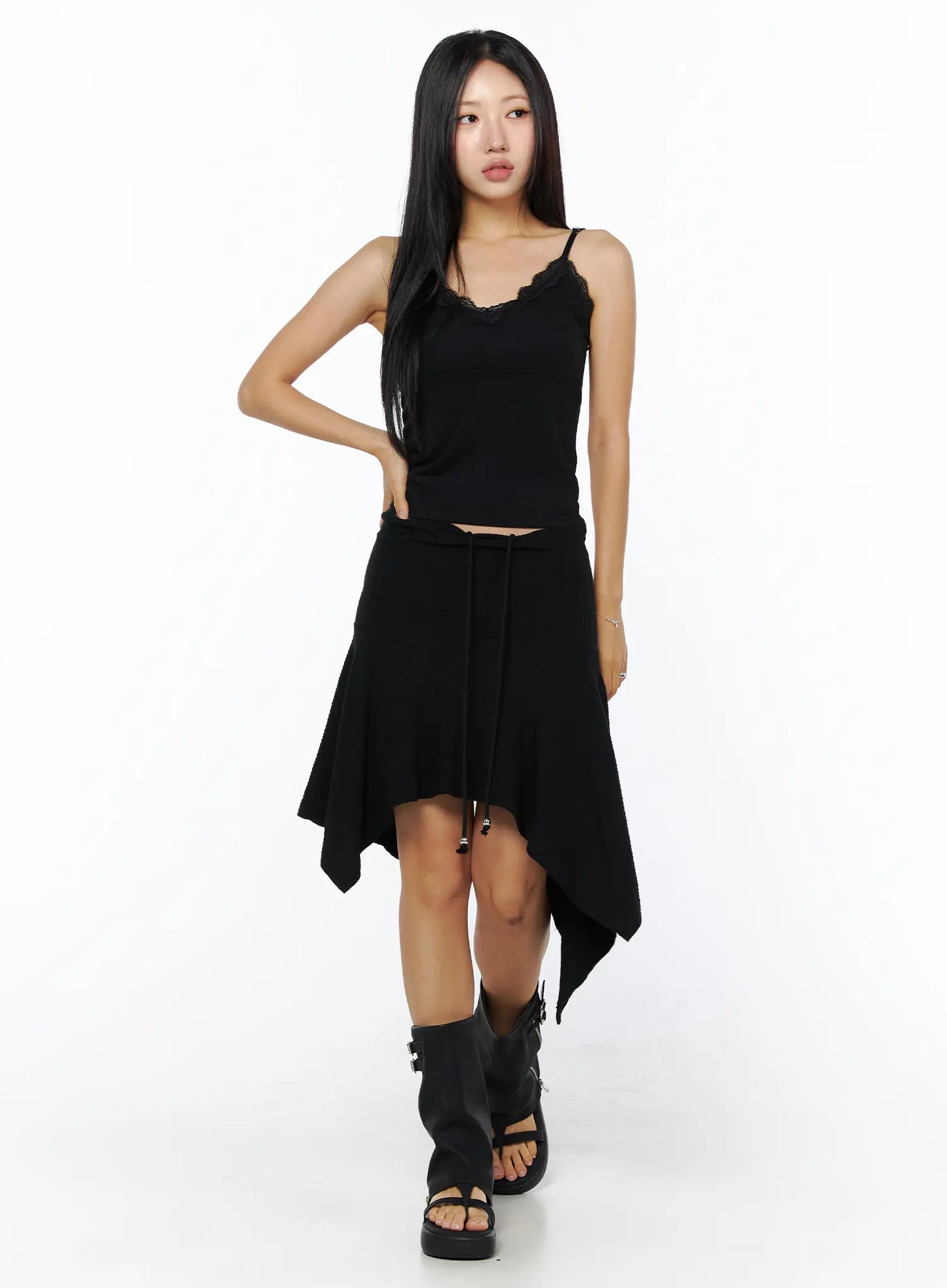 Asymmetric Midi Skirt with Drawstring CU512