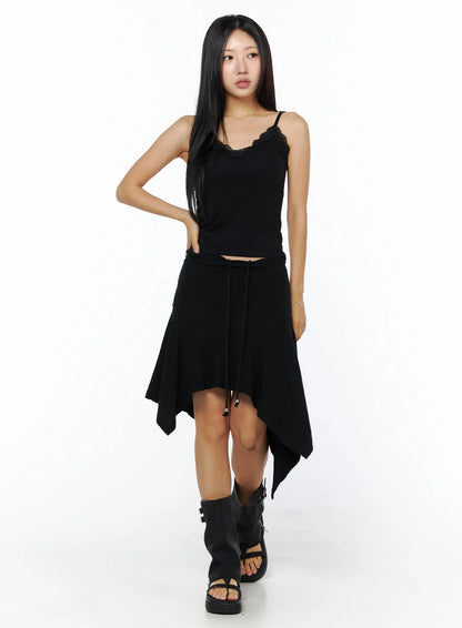 Asymmetric Midi Skirt with Drawstring CU512